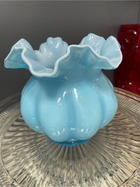Vintage Fenton Blue Overlay Melon Vase Ruffled Glass Double Crimped Rose Vase